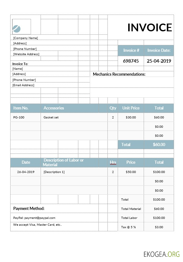 Modèle de facture de mécanicien